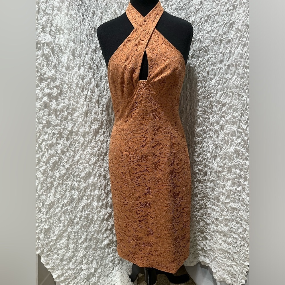 BARDOT RIVIERA LACE CORSET BODYCON Elegant Halter Neck Dress in Rust, SIZE 10
